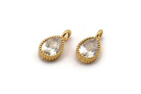 Brass Drop Charm, 3 Raw Brass Drop Shaped Charms With 1 Loop, CZ Pave Charm, Pendants, Earring Findings, Zircon Beads (10x5mm) SY0118