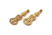 Gold Violin Charm, Gold Plated Violin, Cubic Zircon, 2 CZ Pave Violin Charms, Zircon Charm Pendants (29x11mm) SY0110