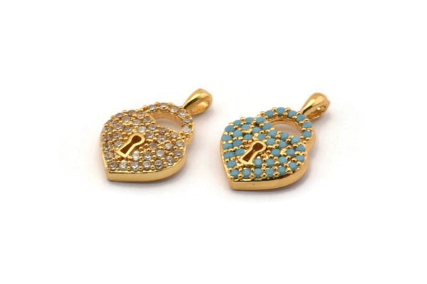 Gold Heart Lock Charm, Gold Plated Heart Lock, Cubic Zircon, 2 CZ Pave Heart Lock Charms, Zircon Charm Pendants With 1 Loop (17x11mm) SY0109