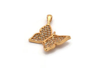 Gold Butterfly Charm, Gold Plated Butterfly, Cubic Zircon, 2 CZ Pave Butterfly Charms, Zircon Charm Pendants With 1 Loop (23x18mm) SY0228