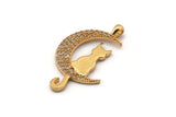 Gold Crescent Charm, Gold Plated Crescent And Cat, Cubic Zircon, CZ Pave Crescent And Cat Shaped Charm, Zircon Pendants (31x16mm) SY0221