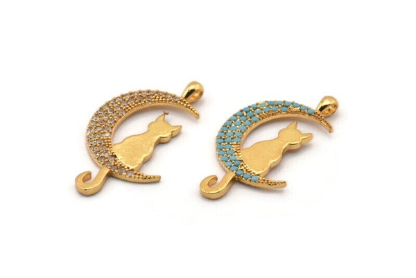Gold Crescent Charm, Gold Plated Crescent And Cat, Cubic Zircon, CZ Pave Crescent And Cat Shaped Charm, Zircon Pendants (31x16mm) SY0221