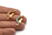 Gold Crescent Charm, Gold Plated Crescent And Cat, Cubic Zircon, CZ Pave Crescent And Cat Shaped Charm, Zircon Pendants (31x16mm) SY0221