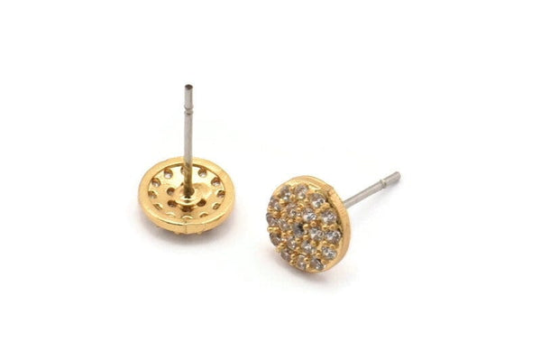 Gold Round Earring, 4 Gold Plated Brass Round Stud Earrings, CZ Pave Round, Zircon Stud Earrings (8mm) SY0268