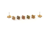 Gold Flower Earring, 4 Gold Plated Brass Flower Stud Earrings, CZ Pave Earrings, Zircon Flower Stud Earrings (8x10mm) SY0254