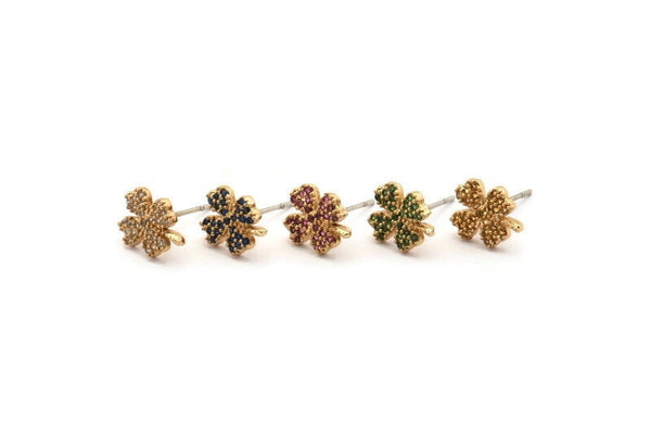 Gold Flower Earring, 4 Gold Plated Brass Flower Stud Earrings, CZ Pave Earrings, Zircon Flower Stud Earrings (8x10mm) SY0254