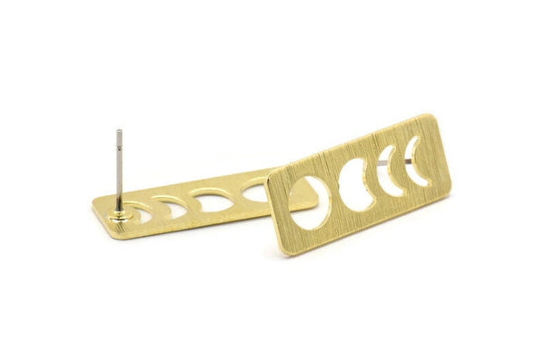 Brass Rectangle Earring, 6 Textured Raw Brass Moon Phases Stud Earrings (25x10x0.80mm) M01990 A2502