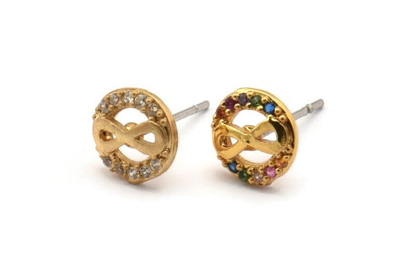 Gold Infinity Earring, 4 Gold Plated Brass Round Shaped Infinity Stud Earrings, CZ Pave, Zircon Infinity Stud Earrings (8mm) SY0272