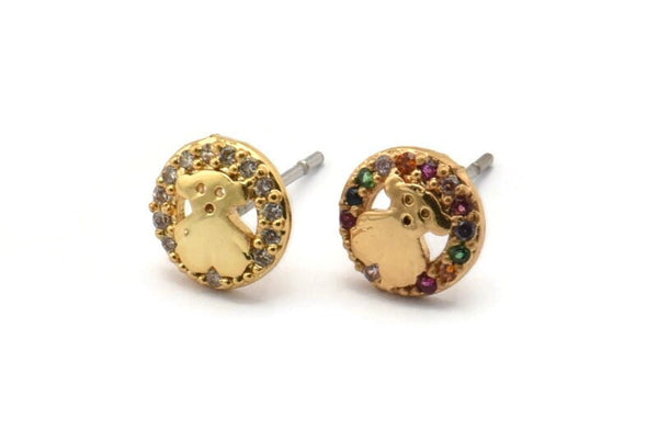 Gold Bear Earring, 4 Gold Plated Brass Round Shaped Bear Stud Earrings, CZ Pave, Zircon Bear Stud Earrings (8mm) SY0274