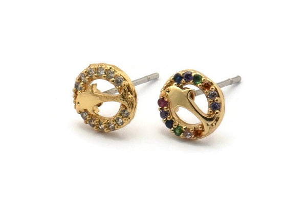 Gold Dolphin Earring, 4 Gold Plated Brass Round Shaped Dolphin Stud Earrings, CZ Pave, Zircon Dolphin Stud Earrings (8mm) SY0273