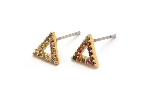 Gold Triangle Earring, 4 Gold Plated Brass Triangle Shaped Stud Earrings, CZ Pave Earrings, Zircon Triangle Stud Earrings (7x8mm) SY0255