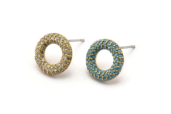 Brass Round Earring, 2 Raw Brass Round Shaped Zircon Stud Earrings (12mm) SY0261