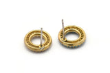 Brass Round Earring, 2 Raw Brass Round Shaped Zircon Stud Earrings (12mm) SY0261