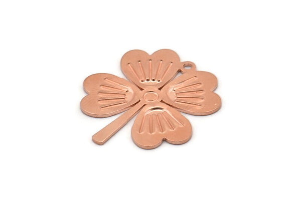 Copper Leaf Charm, 4 Raw Copper Four Leaf Clover Charms With 1 Hole, Charm Earrings (27x25x0.80mm) M02858