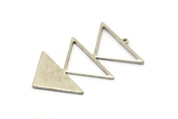 Silver Triangle Charm, 2 Antique Silver Plated Brass Triangle Charms With 1 Loop (47x30x1mm) M01792