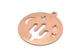 Copper Round Charm, 8 Raw Copper Cactus Patterned Charms With 1 Loop, Moon And Star Findings, Pendants (22x0.80mm) M02954