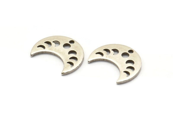 Silver Moon Charm, 12 Antique Silver Brass Crescent Moon Phases Charms With 1 Hole (15x8x1mm) M01867