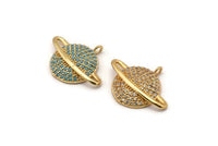 Gold Saturn Charm, Gold Plated Saturn Planet, Cubic Zircon, CZ Pave Planet Charm, Zircon Charm Pendants (20x29mm) SY0123