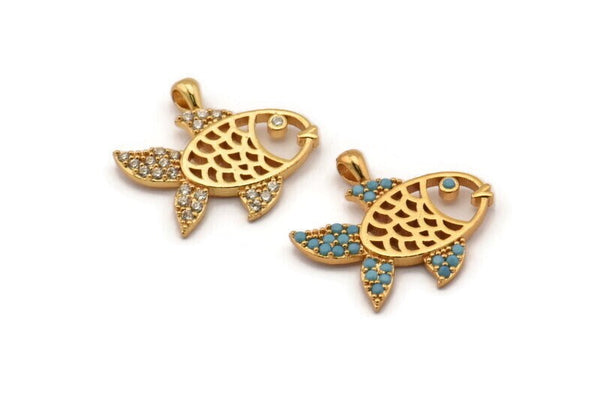 Gold Fish Charm, Gold Plated Fish, Cubic Zircon, CZ Pave Fish Charm, Zircon Charm Pendants (19x20mm) SY0116
