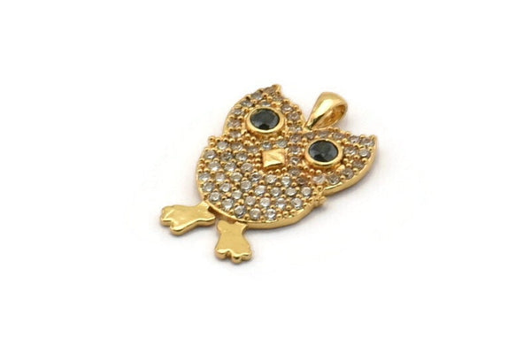 Gold Owl Charm, Gold Plated Owl, Cubic Zircon, CZ Pave Owl Charm, Zircon Charm Pendants With 1 Loop (19x13x2mm) SY0082