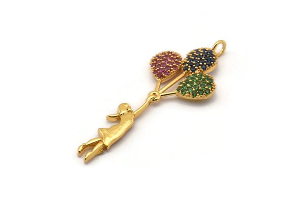 Gold Balloon And Girl Charm, Gold Plated Balloon, Cubic Zircon, CZ Pave Balloon Charm, Zircon Charm Pendants With 1 Loop (47x19x3mm) SY0091