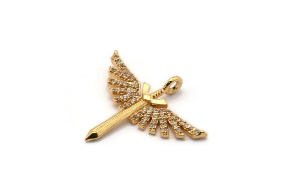 Gold Sword Charm, Gold Plated Sword, Cubic Zircon, CZ Pave Wing Charm, Zircon Charm Pendants With 1 Loop (24x29x2mm) SY0097