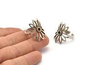 Silver Flower Ring, Antique Silver Plated Brass Flower Rings With 1 Stone Settings - Pad Size 3mm N1849 H1490