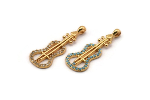 Gold Violin Charm, Gold Plated Violin, Cubic Zircon, 2 CZ Pave Violin Charms, Zircon Charm Pendants (29x11mm) SY0110
