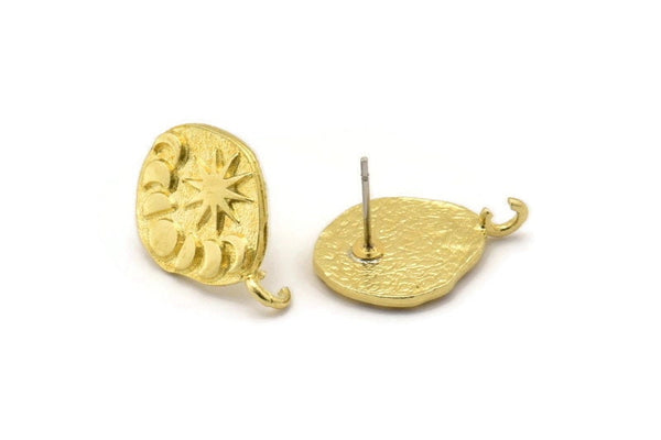 Brass Irregular Earring, 2 Raw Brass Irregular Moon Phases Shaped Stud Earrings With 1 Loop (20x14x2mm) N1905