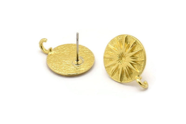 Brass Round Earring, 4 Raw Brass Sun Shaped Round Stud Earrings With 1 Loop (17x14x1.5mm) N1913