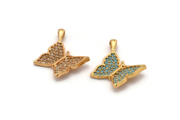 Gold Butterfly Charm, Gold Plated Butterfly, Cubic Zircon, 2 CZ Pave Butterfly Charms, Zircon Charm Pendants With 1 Loop (23x18mm) SY0228