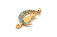 Gold Crescent Charm, Gold Plated Crescent And Cat, Cubic Zircon, CZ Pave Crescent And Cat Shaped Charm, Zircon Pendants (31x16mm) SY0221