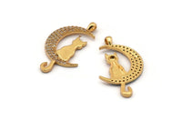 Gold Crescent Charm, Gold Plated Crescent And Cat, Cubic Zircon, CZ Pave Crescent And Cat Shaped Charm, Zircon Pendants (31x16mm) SY0221