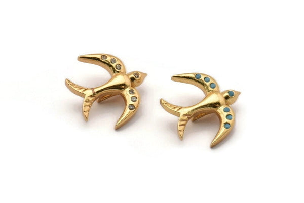 Zircon Bead Connector, 2 CZ Zircon Gold Plated Brass Bird Shaped Beads With 1 Loop (15x16mm) SY0226