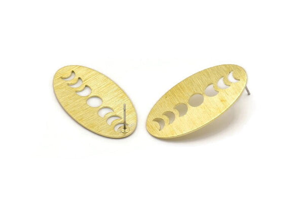 Brass Oval Earring, 4 Textured Raw Brass Oval Moon Phases Shaped Stud Earrings (35x19x0.80mm) M02190 A2531