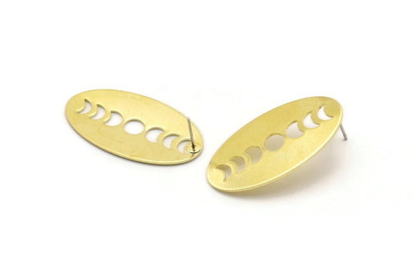 Brass Oval Earring, 4 Raw Brass Oval Moon Phases Shaped Stud Earrings (35x19x0.80mm) M02198 A2538
