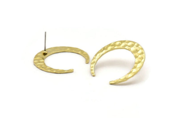Brass Moon Earring, 4 Hammered Raw Brass Crescent Moon Stud Earrings (26x27x1mm) M02161 A2527