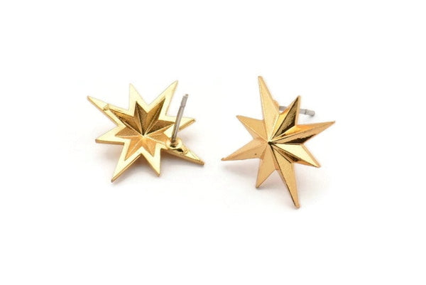 Brass Pole Star Earring, 4 Raw Brass Pole Star Stud Earrings (18x14mm) SY0266