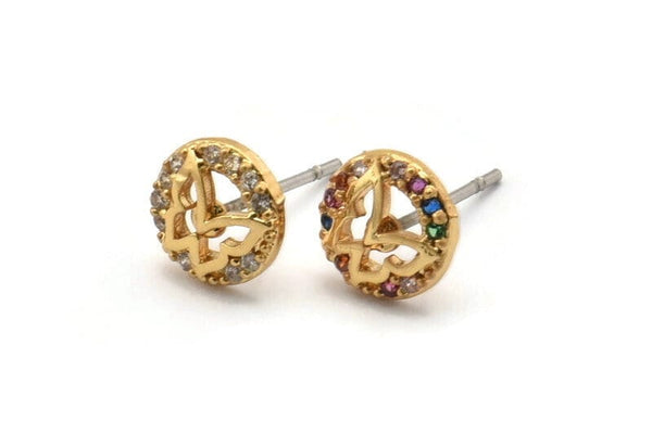 Gold Butterfly Earring, 4 Gold Plated Brass Round Shaped Butterfly Stud Earrings, CZ Pave, Zircon Butterfly Stud Earrings (8mm) SY0278