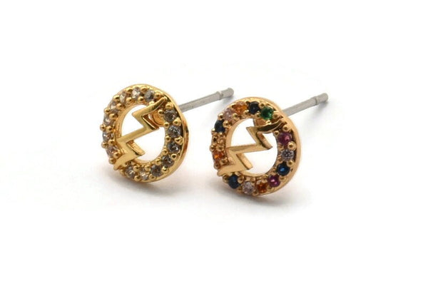 Gold Lightning Earring, 4 Gold Plated Brass Round Shaped Lightning Stud Earrings, CZ Pave, Zircon Lightning Stud Earrings (8mm) SY0279
