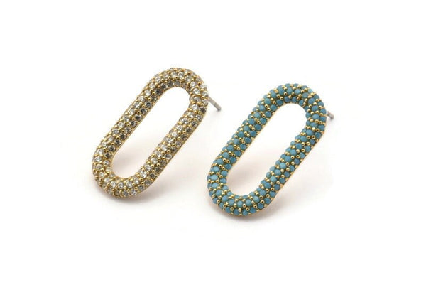 Pirinç Oval Küpe, 2 Ham Pirinç Oval Şekilli Zirkonyum Küpe (23x12mm) SY0263