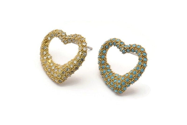 Brass Heart Earring, 2 Raw Brass Heart Shaped Zircon Stud Earrings (16x19mm) SY0264
