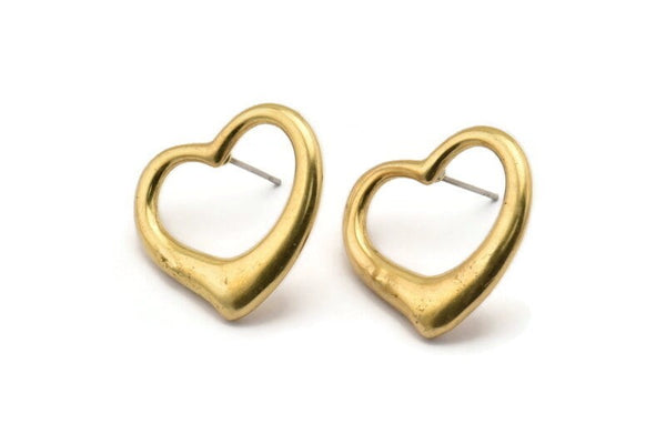 Brass Heart Earring, 2 Raw Brass Heart Stud Earrings (21x23mm) SY0271