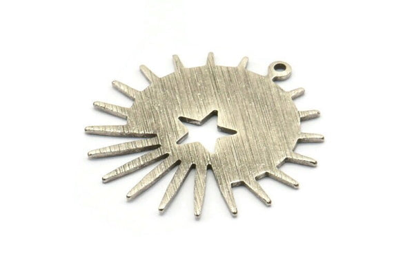 Silver Sun Charm, 4 Textured Antique Silver Plated Brass Sun And Star Charms With 1 Loop, Findings (29x28x0.80mm) M02006
