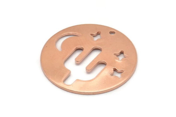 Copper Round Charm, 8 Raw Copper Cactus Patterned Charm with 1 Hole, Moon And Star Findings, Stamping Tags (22x0.80mm) M02956
