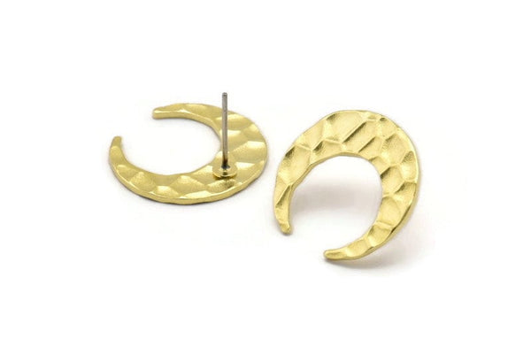 Brass Moon Earring, 4 Hammered Raw Brass Crescent Moon Stud Earrings (18x6x1mm) M02164 A2548