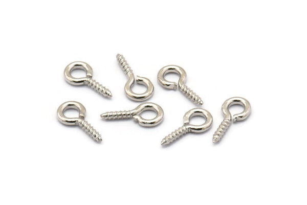 Screw Eye Pin, 100 Silver Tone Brass Screw Hook Eye Pins (10x5mm) A1054