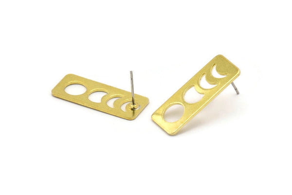 Brass Rectangle Earring, 6 Raw Brass Moon Phases Stud Earrings (25x10x0.80mm) M01882 A2503