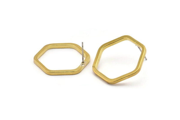 Brass Hexagon Earring, 6 Raw Brass Hexagon Stud Earrings (25x2x2mm) D0136 A1314