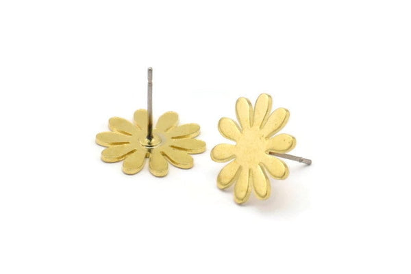 Brass Flower Earring, 8 Raw Brass Flower Stud Earrings (15x0.80mm) A0964 A1328